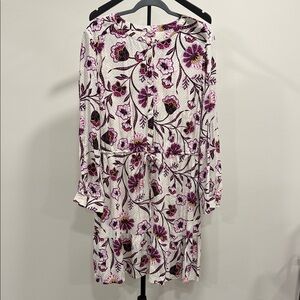 LOFT Long Sleeve Dress Purple Bohemian Floral Tie Waist Roll Tab Sleeves Size XL